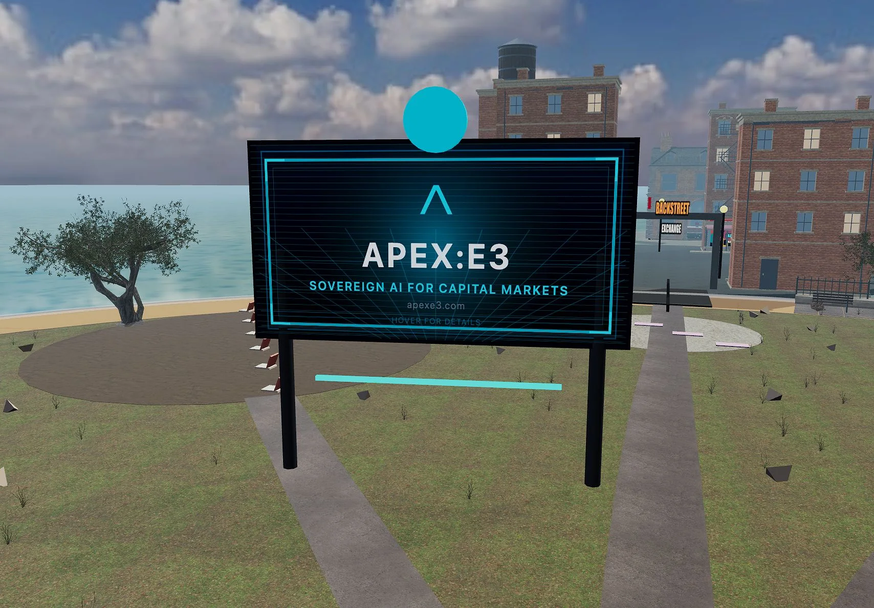 TribeDen’s actual advertising billboard displaying the APEX:E3 house ad, beside the island’s backstreet and waterfront.