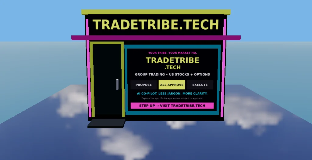 The actual TradeTribe.tech shop: neon signage, entrance and a display explaining group trading.