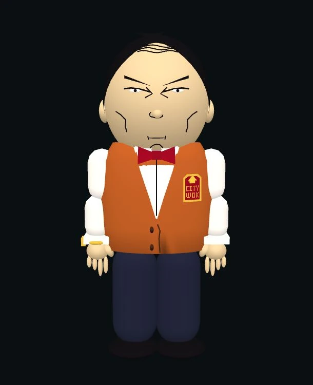 Mr. Wok, the sermon host avatar, in his orange waistcoat and red bow tie.